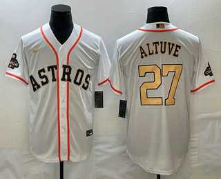 Mens Houston Astros #27 Jose Altuve 2023 White Gold World Serise Champions Patch Cool Base Stitched Jersey->houston astros->MLB Jersey